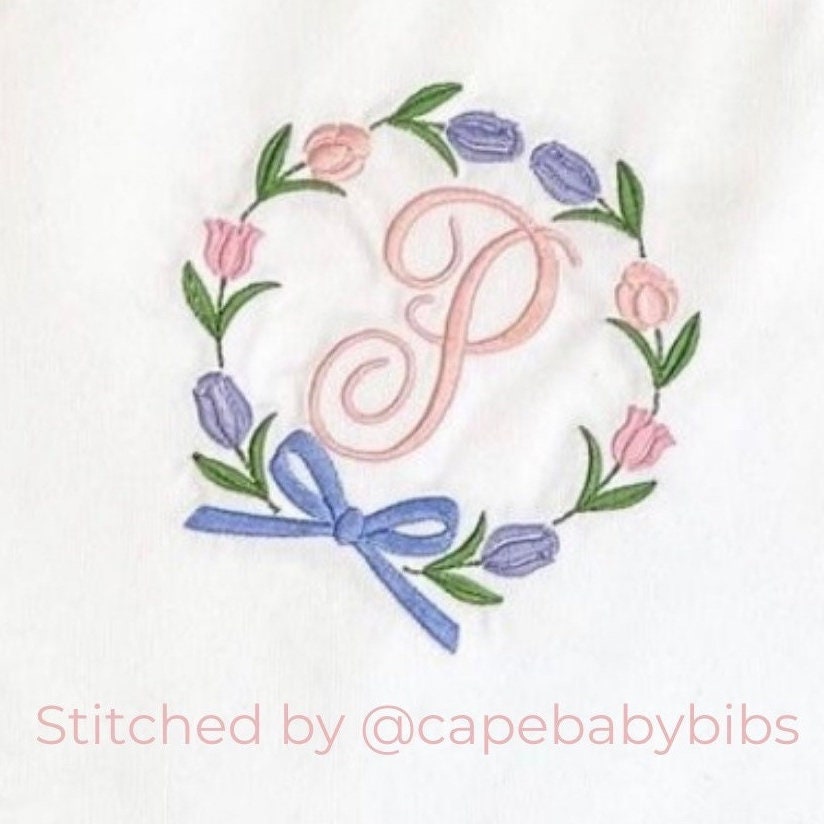 Tulip Flower Monogram Bow Frame Embroidery Design File 4x4