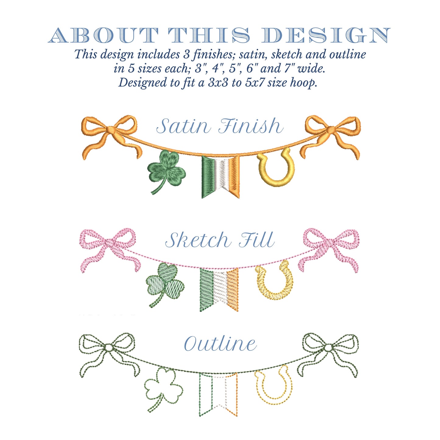 St. Patrick's Day Embroidery Design Swag Bundle, Shamrock, Irish Flag, Horseshoe and Bows, Outline, Satin & Sketch, 5 Sizes Each