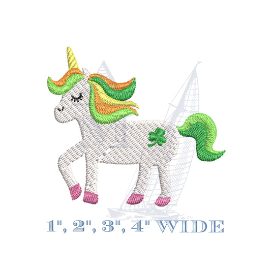 Mini Unicorn Embroidery Design, with Shamrock for St Patricks Day, Fill Stitch, 4 Sizes