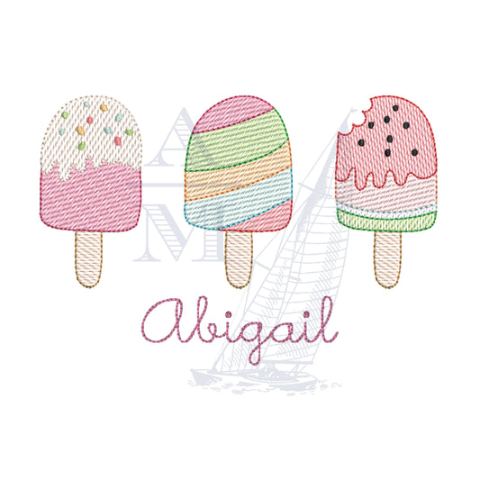 Ice Cream Bar Trio Sketch Fill Summer Embroidery Design, 3-7" Wide