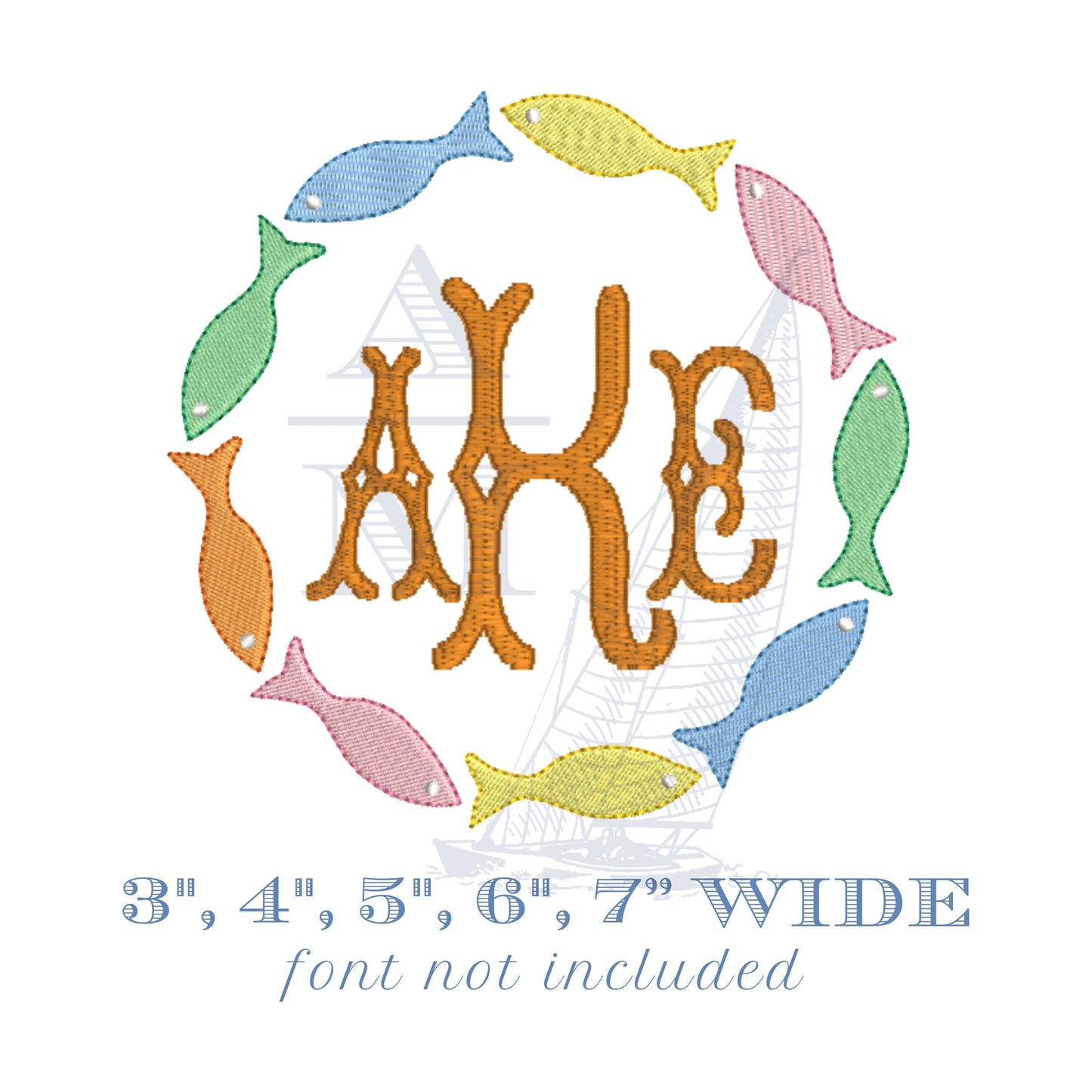 Fish Monogram Embroidery Frame Design, 5 Sizes