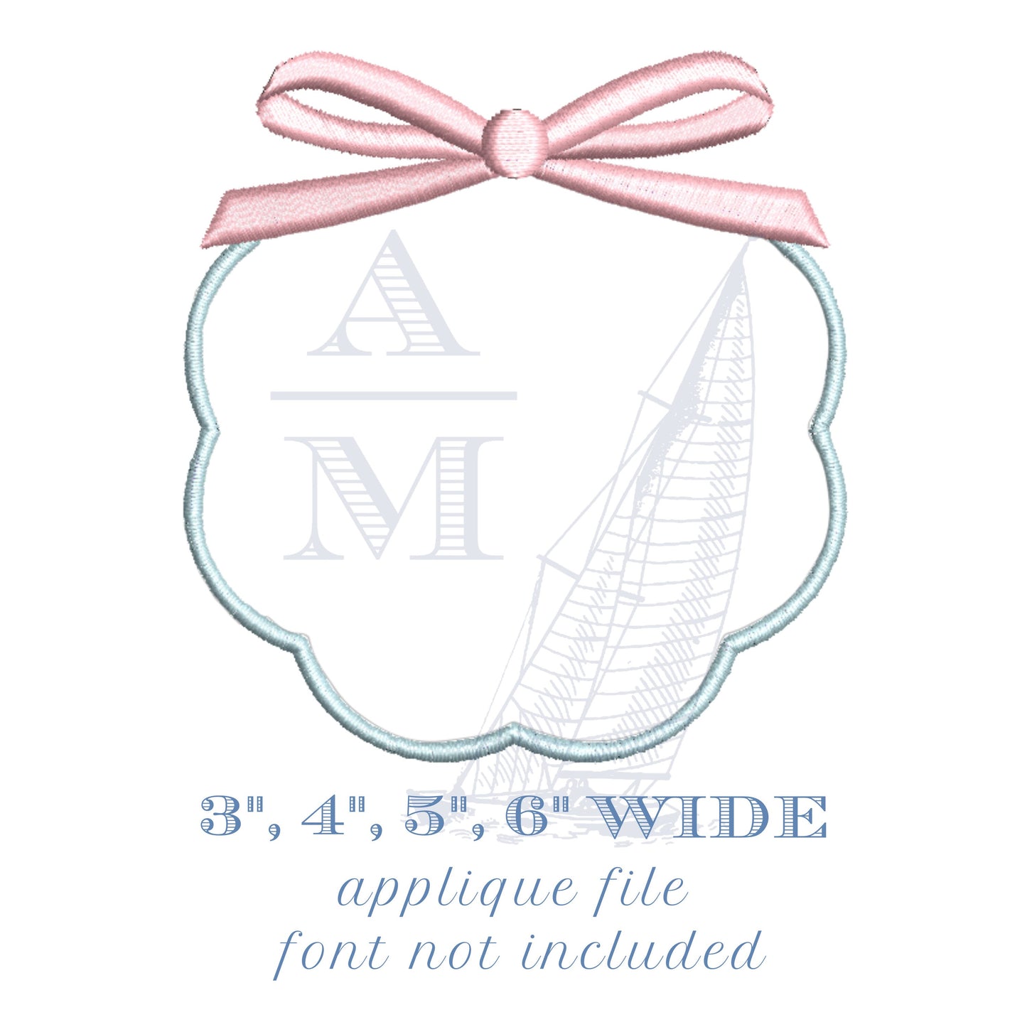 Bow Applique Embroidery Design with Scalloped Border, 3"-6" Wide