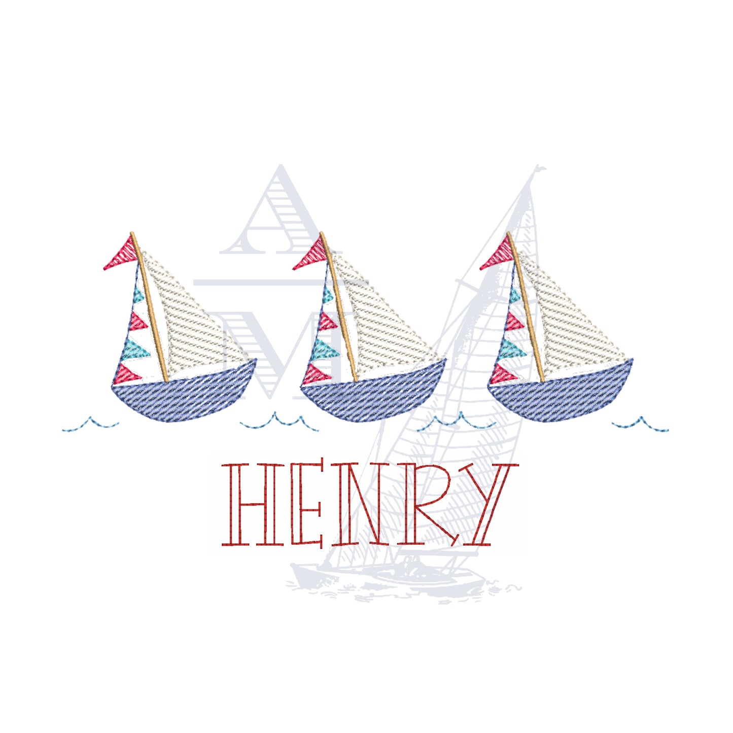 Sailboat Trio Sketch Fill Quick Stitch Embroidery Design, 3-7" Wide