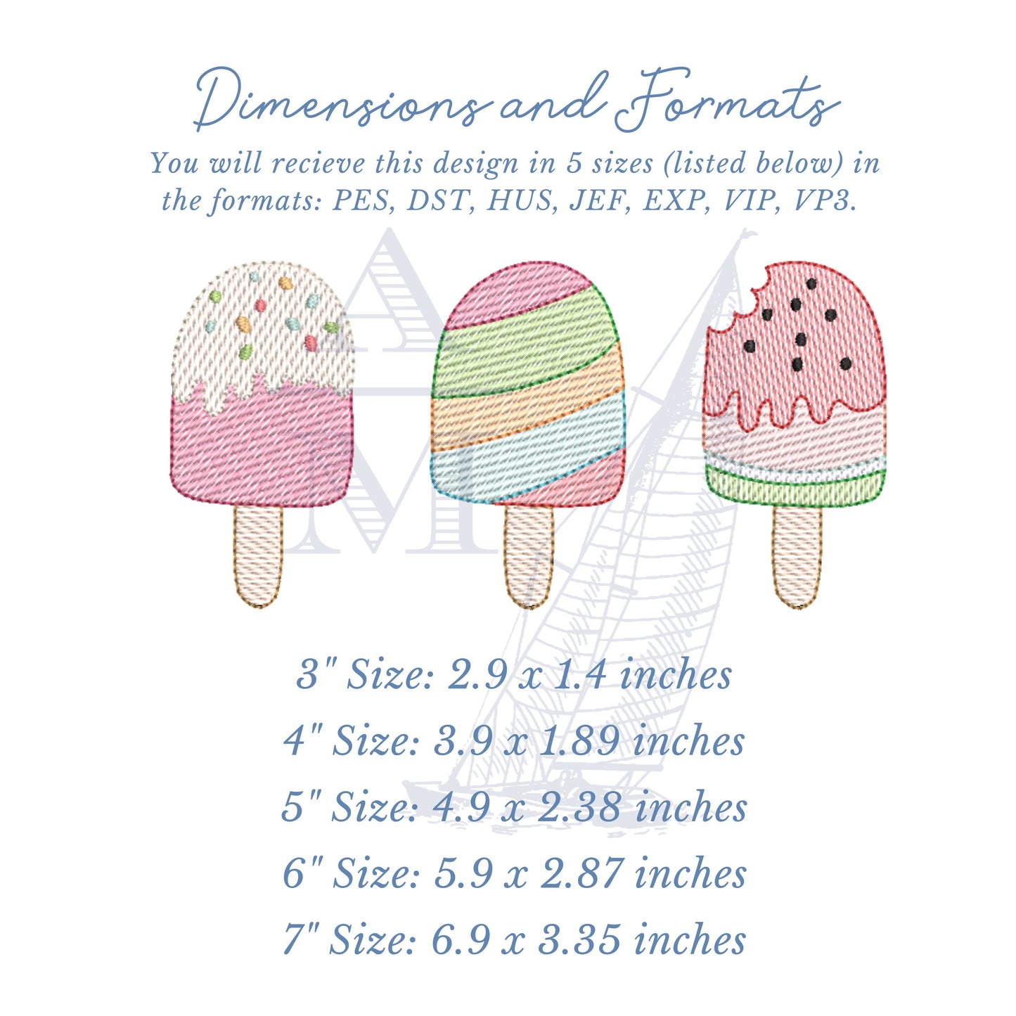 Ice Cream Bar Trio Sketch Fill Summer Embroidery Design, 3-7" Wide