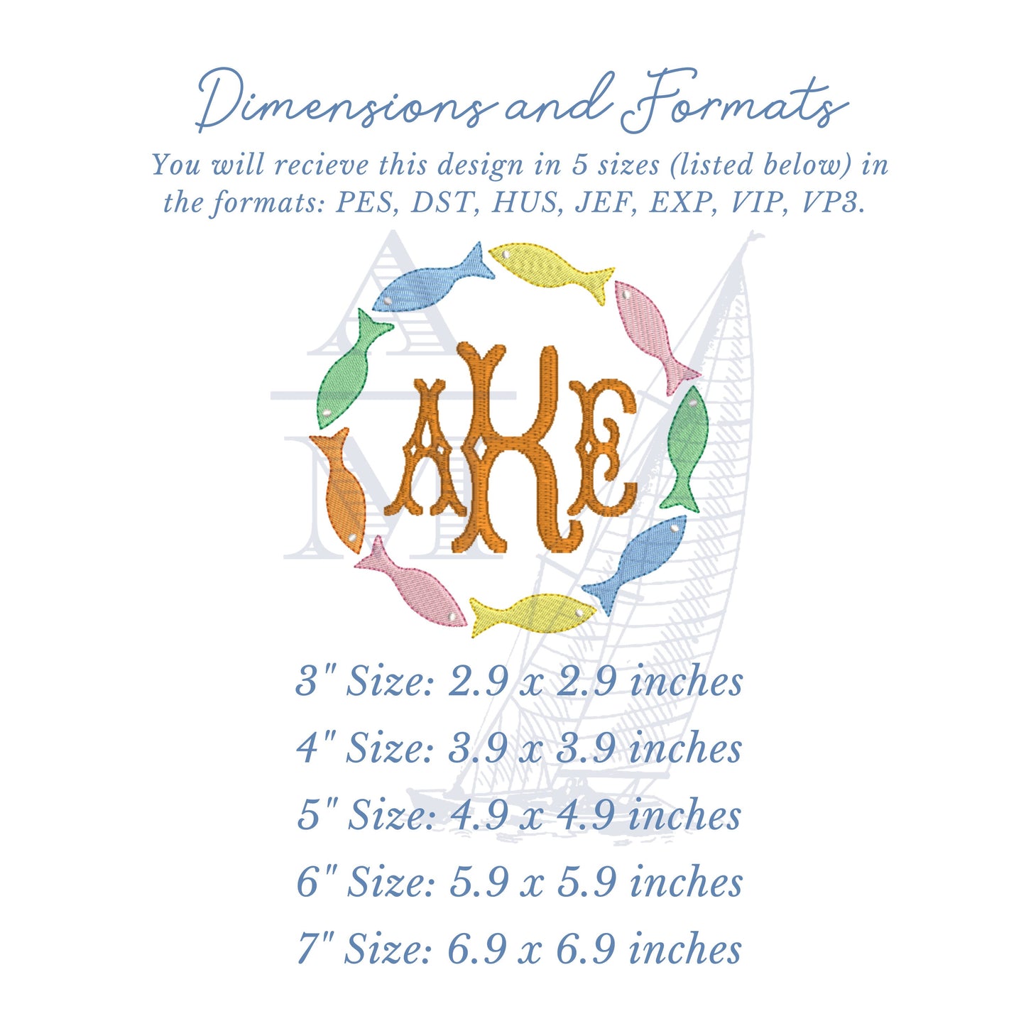 Fish Monogram Embroidery Frame Design, 5 Sizes