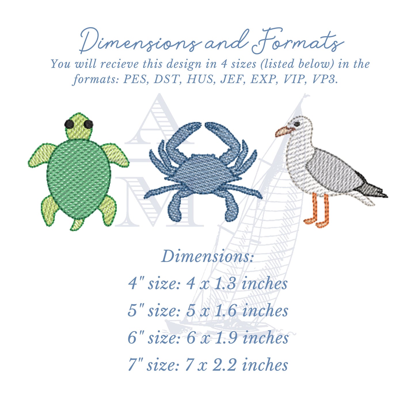 Beach Summer Embroidery Design with Sea Turtle, Blue Crab and Seagull, 4 sizes each