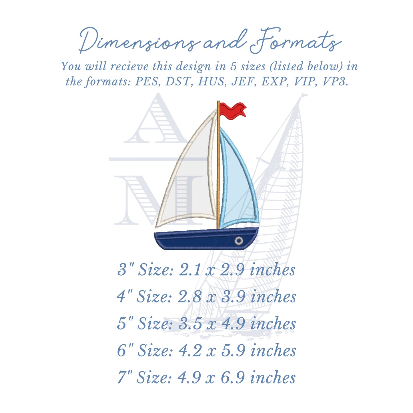 Sailboat Applique Summer Nautical Embroidery Design, 5 Sizes