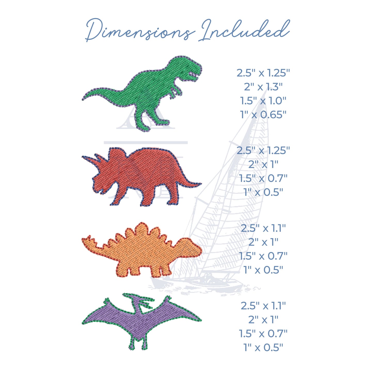 Mini Dinosaur Embroidery Design Set, Set of 4, Stegosaurus, Pterodactyl, Triceratops, Tyrannosaurus Rex, 4 Sizes Each