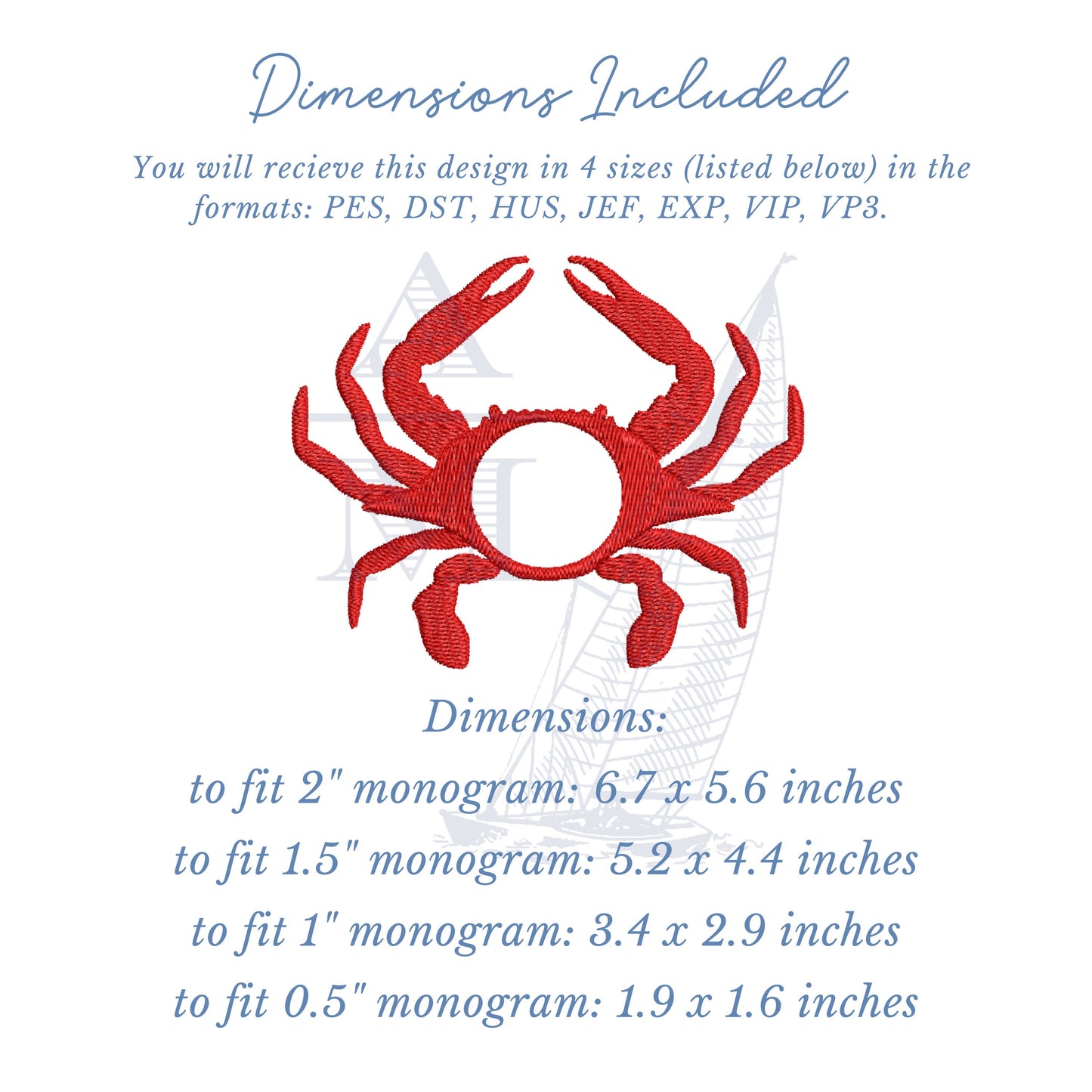 Crab Monogram Frame Design for Embroidery, Fits Fonts 0.5" to 2" tall