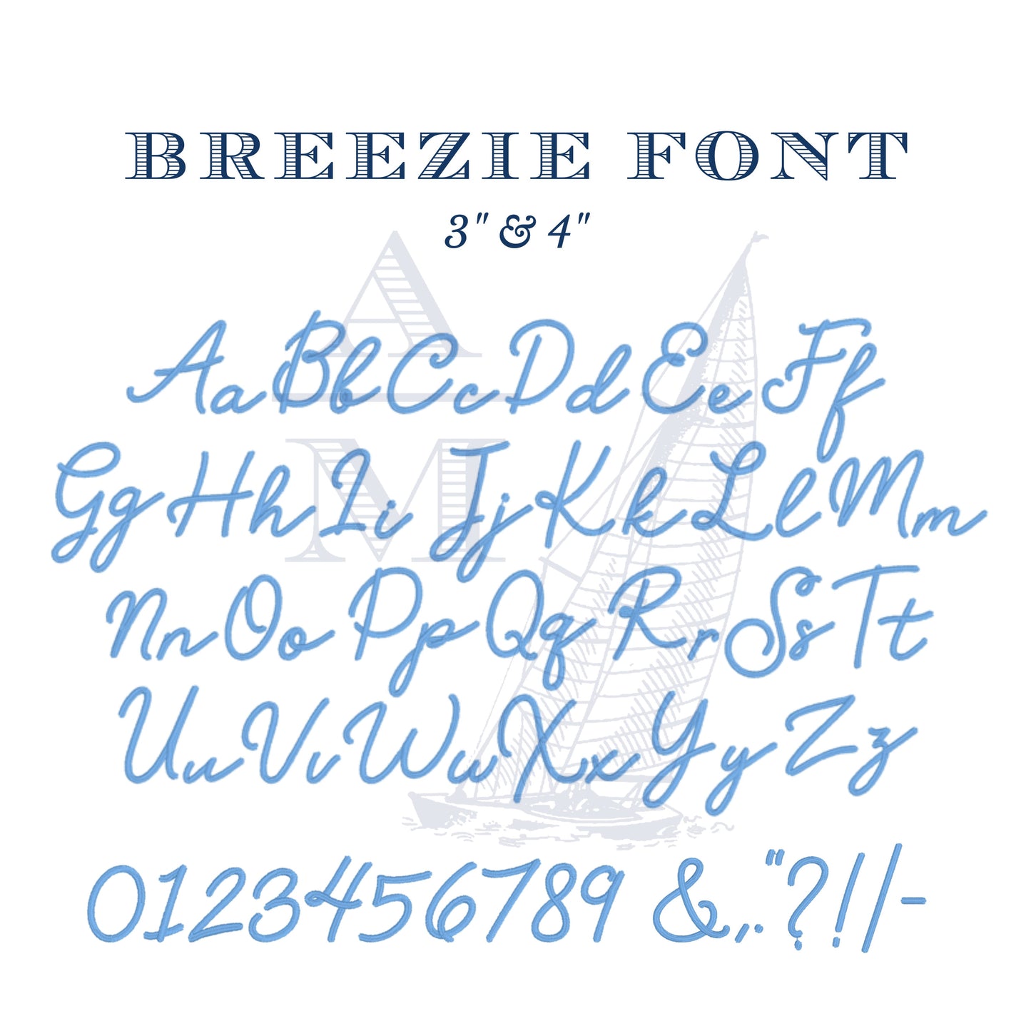 Breezie Embroidery Font for Machine Embroidery, including BX, Cursive Script Handwritten Style with Satin Finish, 2 Sizes, 3in & 4in