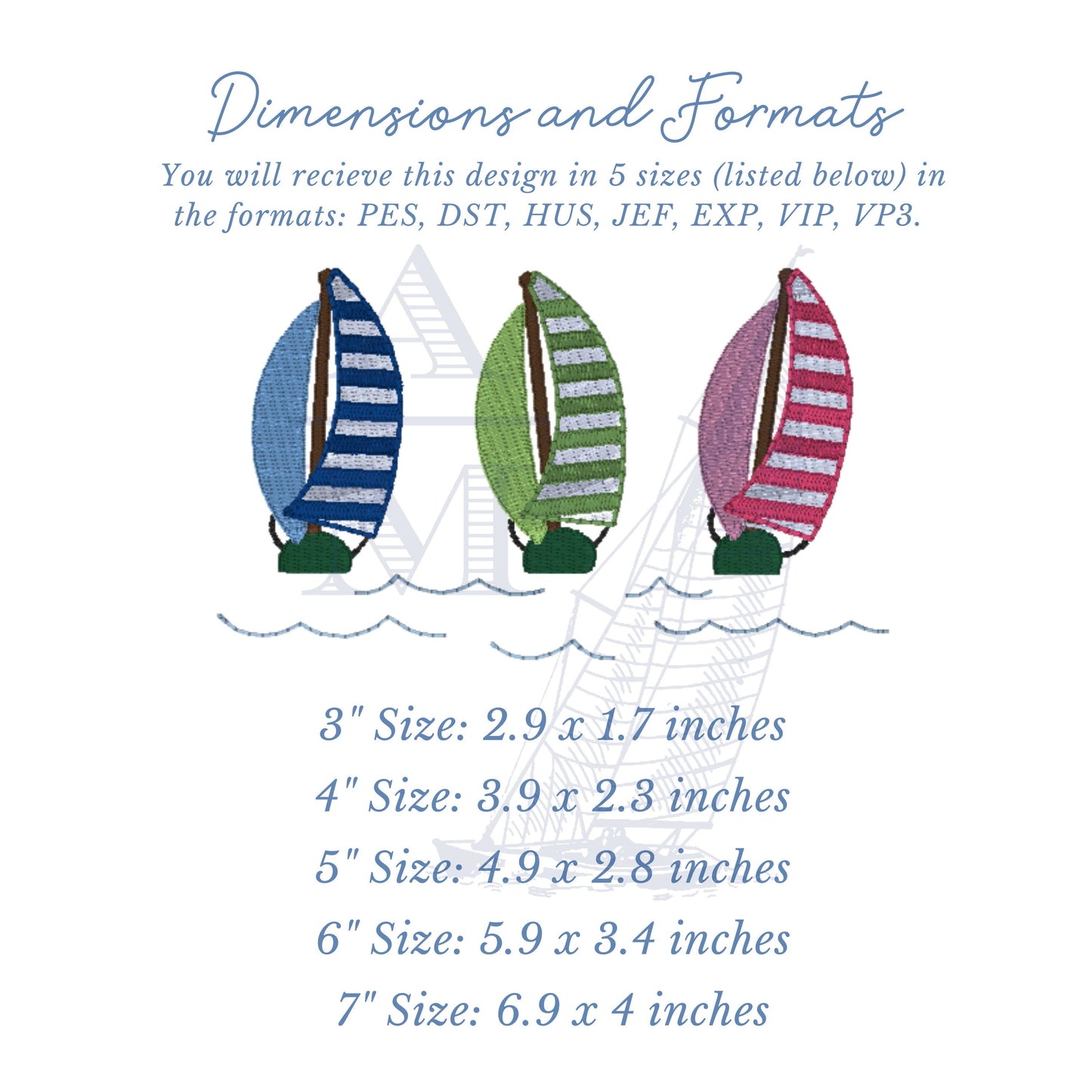 Sailboat Trio, Nautical Boat Embroidery Design, 5 Sizes Included