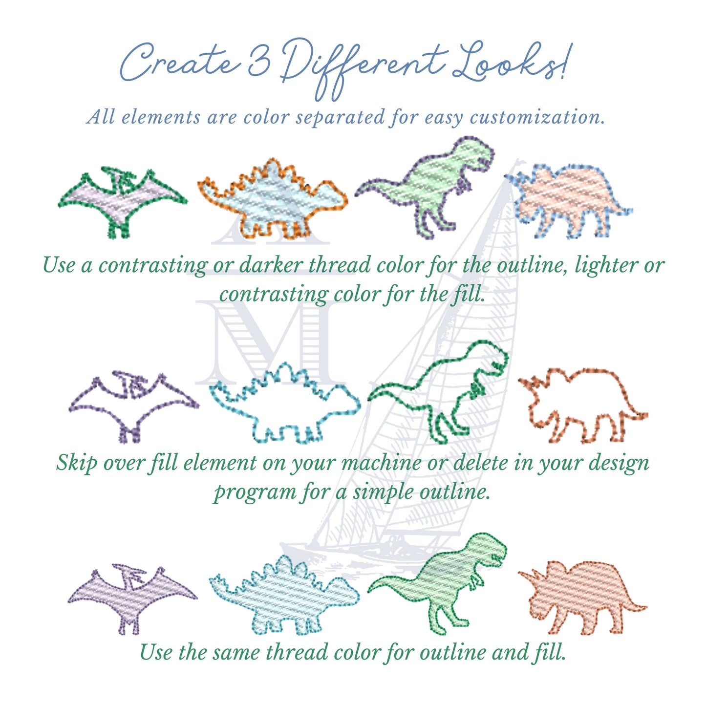 Sketch Fill Dinosaur Embroidery Design, Prehistoric Stegosaurus, T-Rex, Pterodactyl and Triceratops, Perfect for any Dino lover, 4 sizes