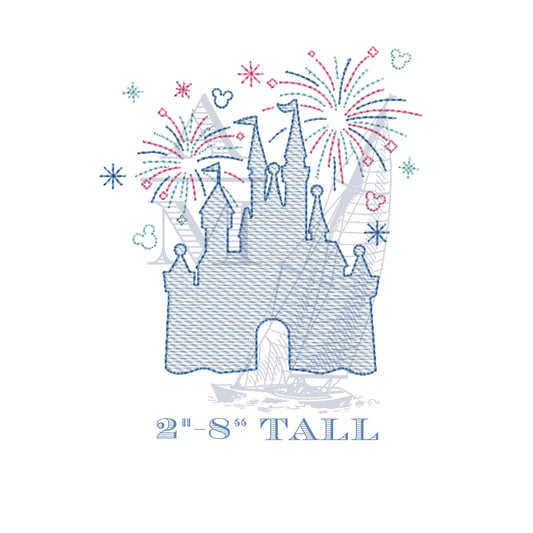 Castle with Fireworks Embroidery Design, Quick stitch sketch fill, vintage style embroidery machine file, 8 sizes