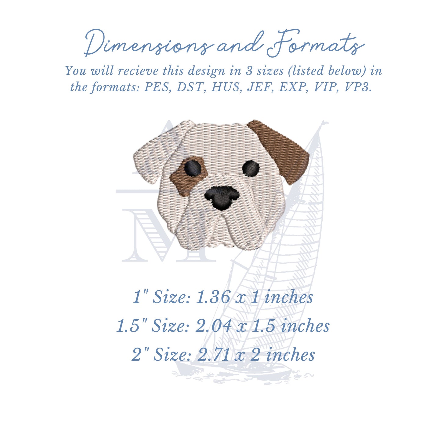 Mini Bulldog Puppy Dog Embroidery Design for Machine Embroidery, 1", 1.5" & 2" Tall