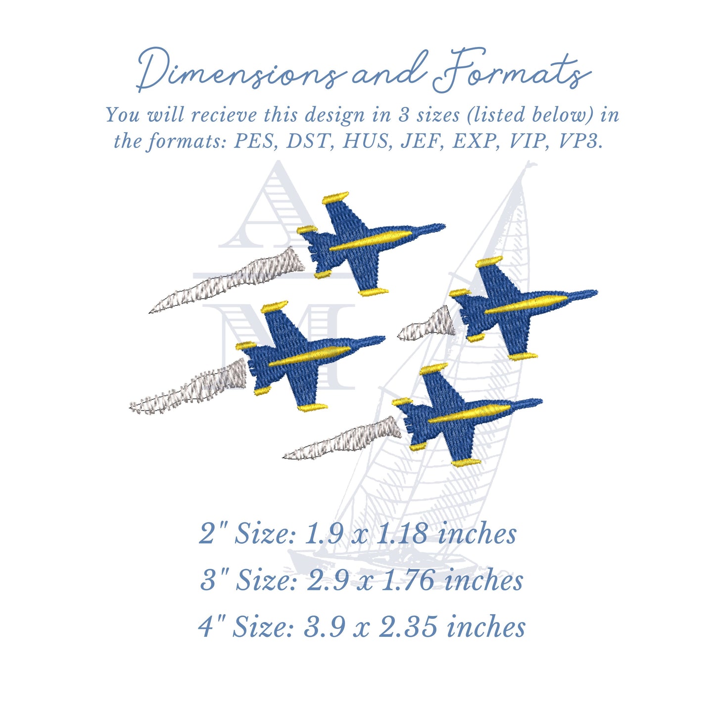 Fighter Jet Blue Angel Airplane Embroidery Design, 3 Sizes, Fill Stitch