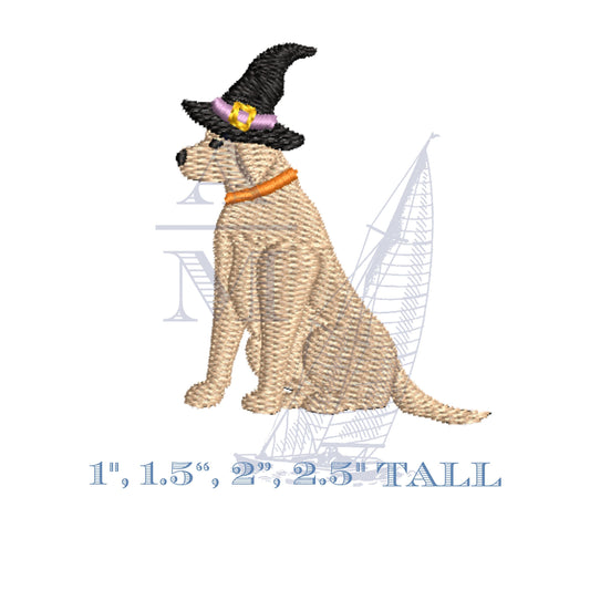 Halloween Labrador Fill Stitch Embroidery Design with Witches Hat, 4 Sizes