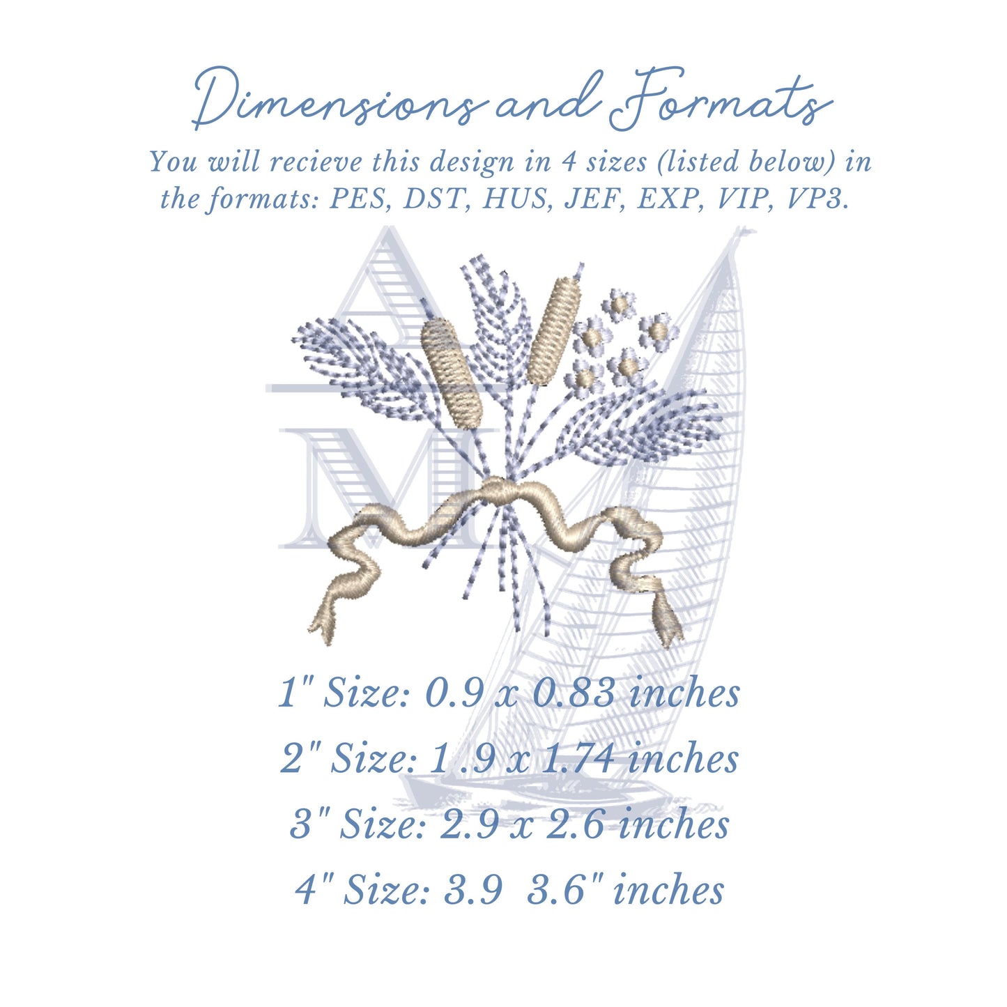 Fall Floral Bouquet Embroidery Design File for Fall Decor, Cattails, Flowers for Machine Embroidery, 4 sizes, 1-4" tall