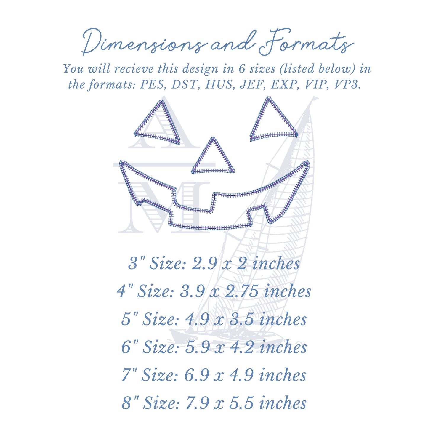 Jack-O-Lantern Pumpkin Face Applique Design, 6 sizes, 3"-8" wide