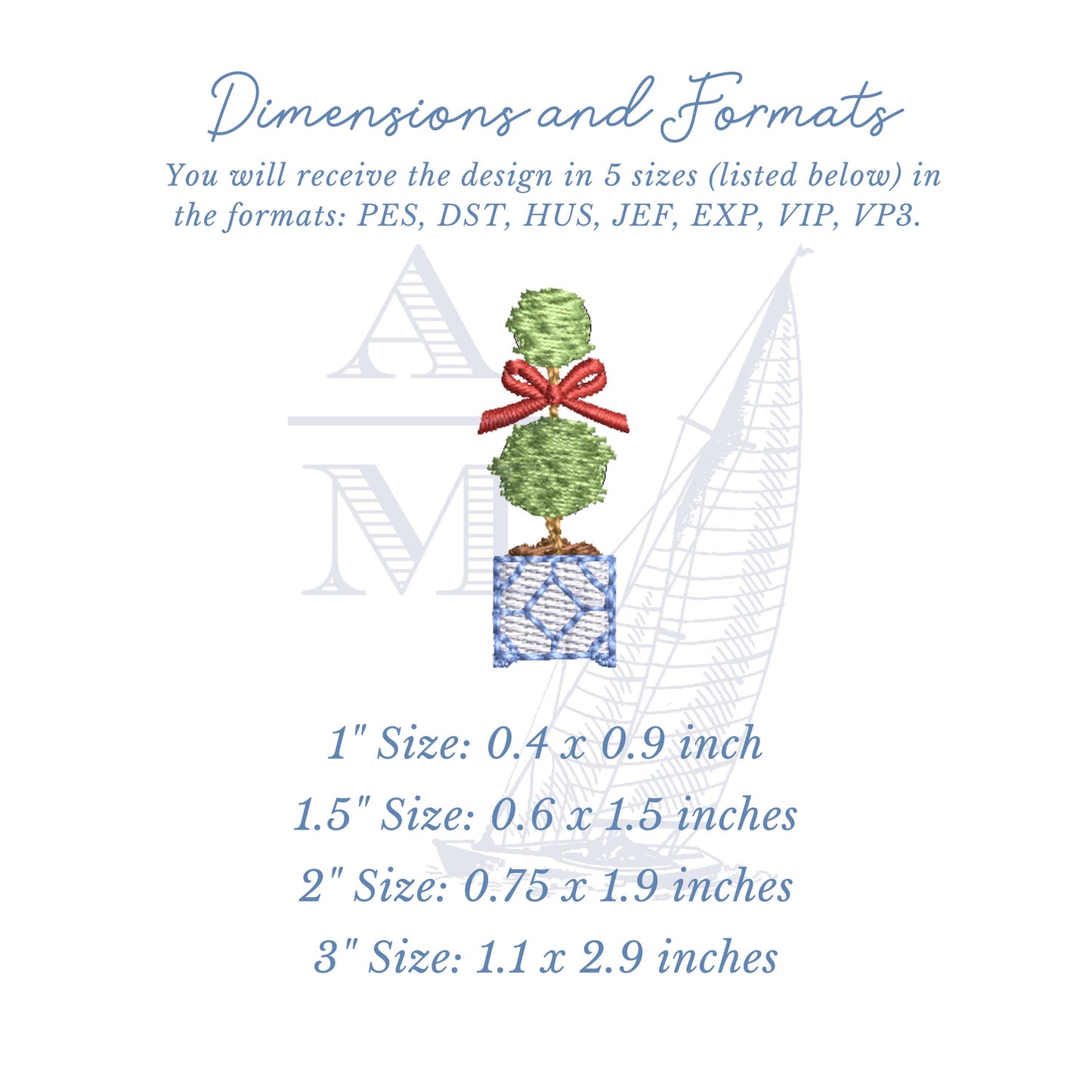 Christmas Topiary Tree Embroidery Design with Removable Bow, 1"-4" Tall, 5 Sizes