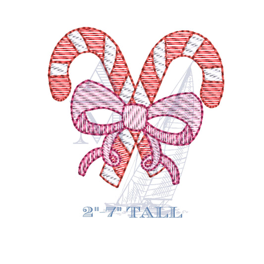 Candy Canes with Bow Sketch Fill Christmas Embroidery Design, Machine Embroidery File with Vintage Quick Stitch Finish, 6 Sizes