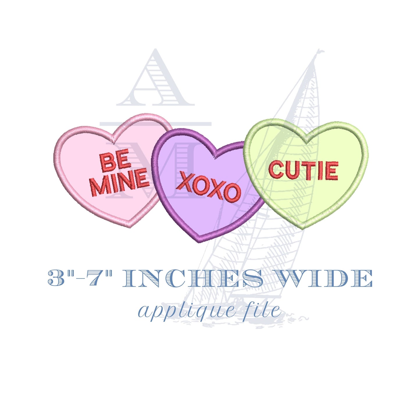 Valentines Day Conversation Hearts Applique Design, 5 Sizes with Satin Border