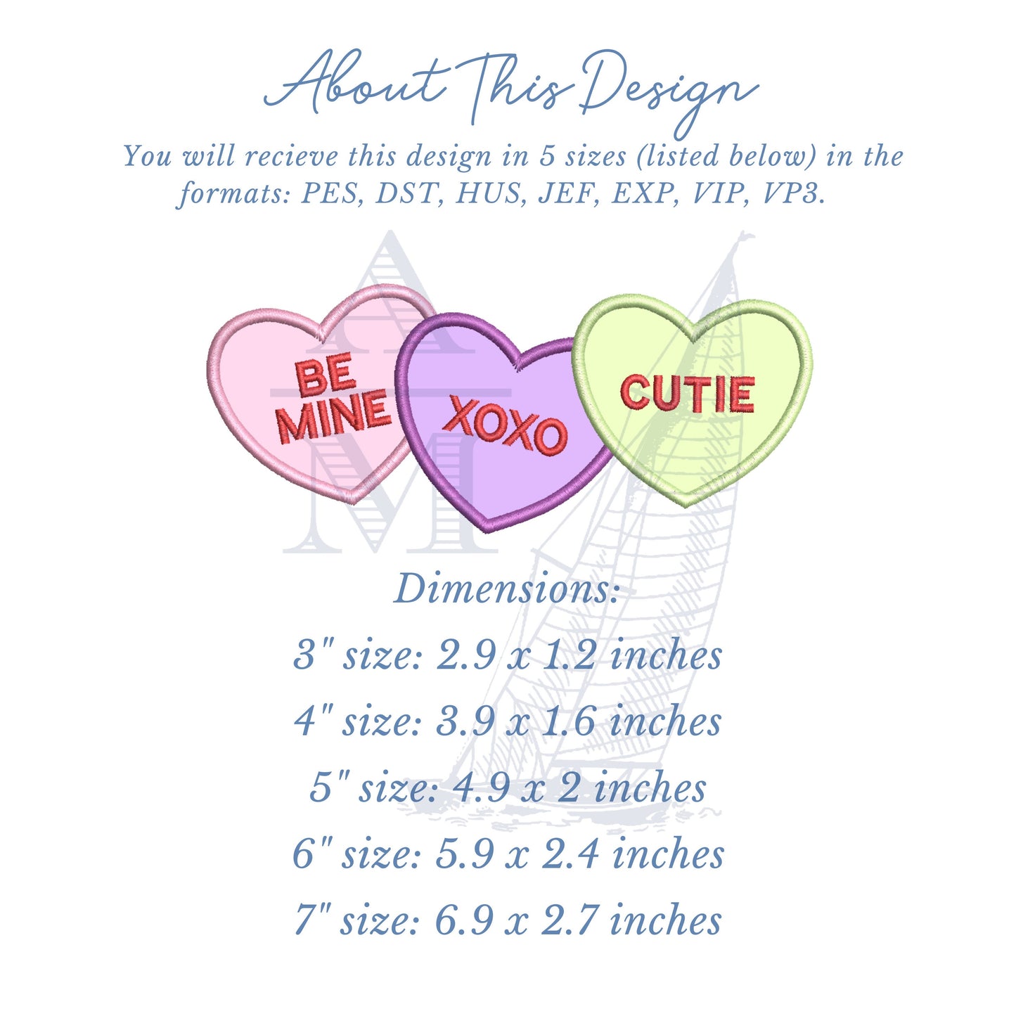 Valentines Day Conversation Hearts Applique Design, 5 Sizes with Satin Border