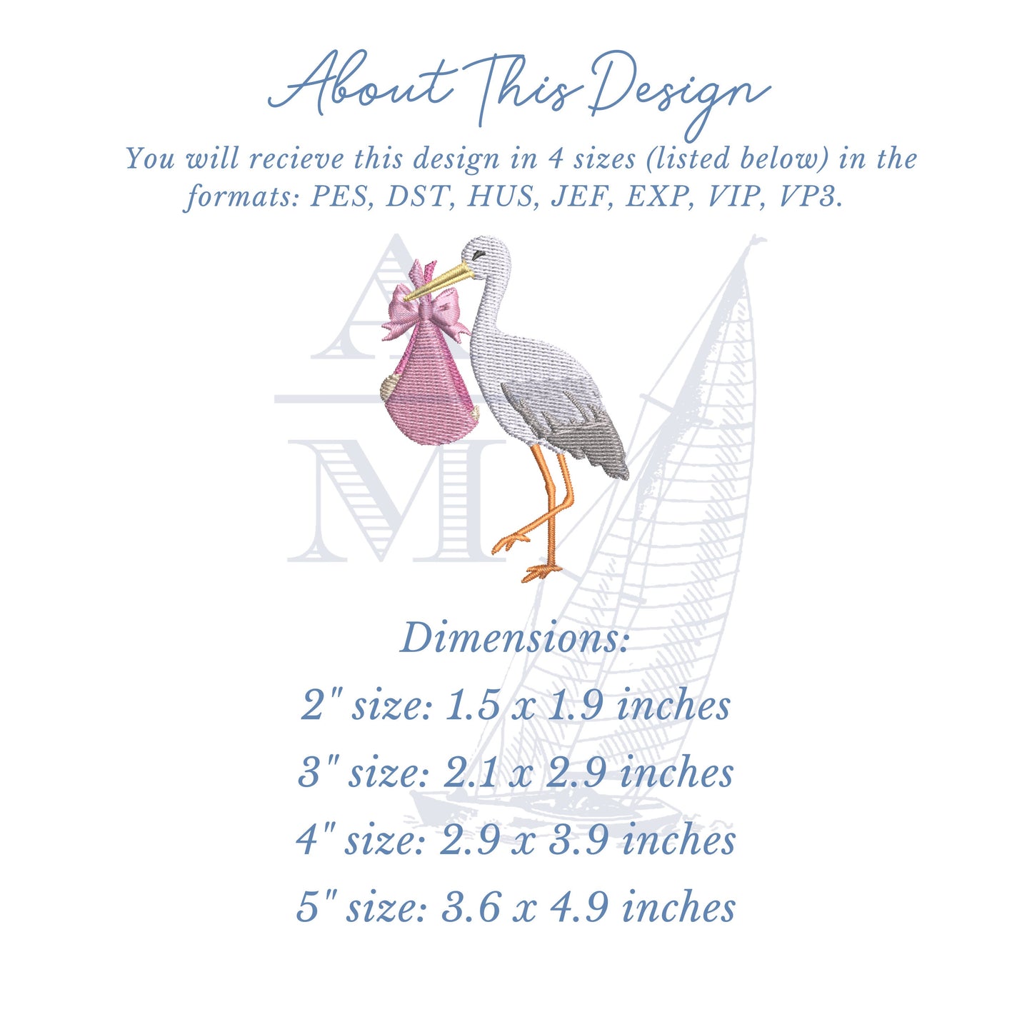 Standing Stork New Baby Embroidery Design,  2", 3", 4", 5" tall