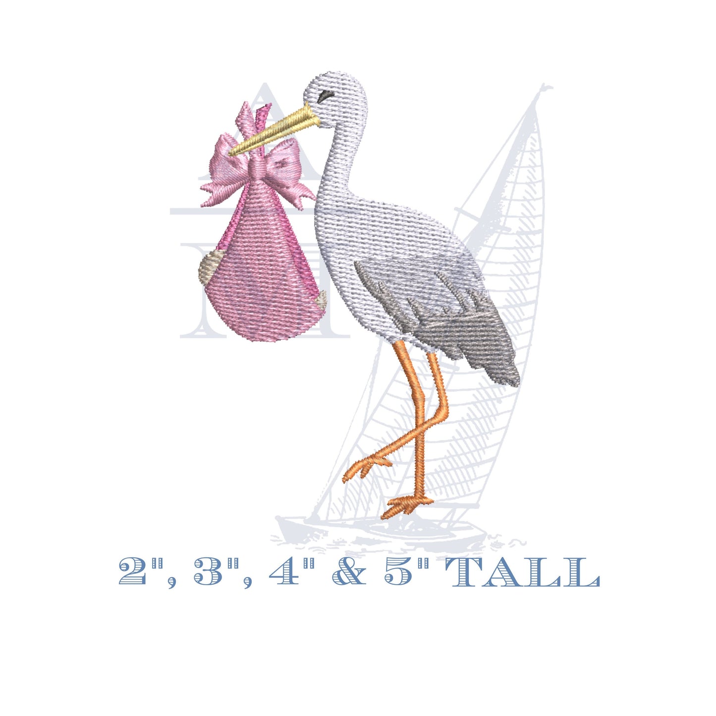 Standing Stork New Baby Embroidery Design,  2", 3", 4", 5" tall