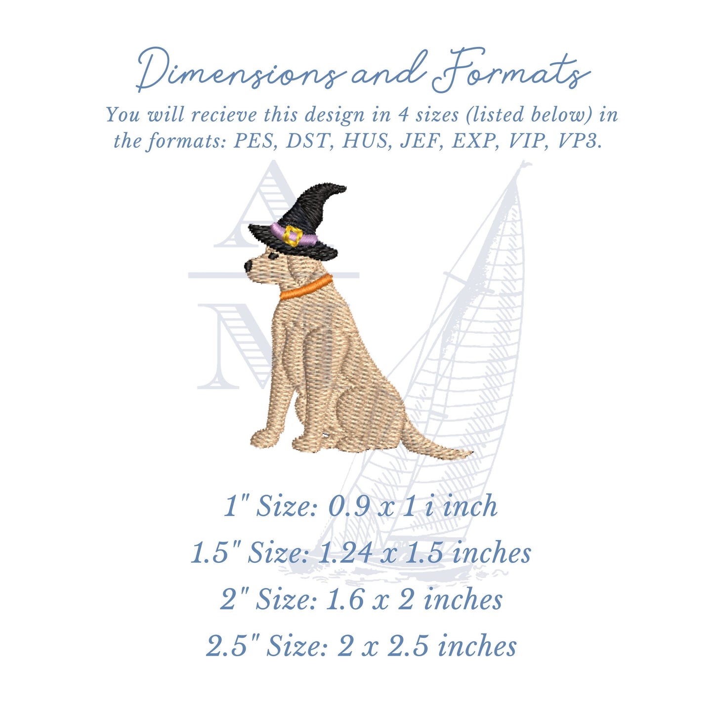 Halloween Dog Embroidery Design for Machine Embroidery with Witches Hat, Lab Puppy Design File, 4 Sizes