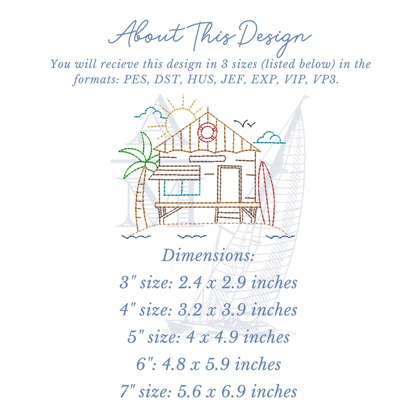 Summer Surfer Lifeguard Shack Embroidery Design with Palm Tree, Sun & Surfboard, 5 Sizes, for Machine Embroidery, Digital File