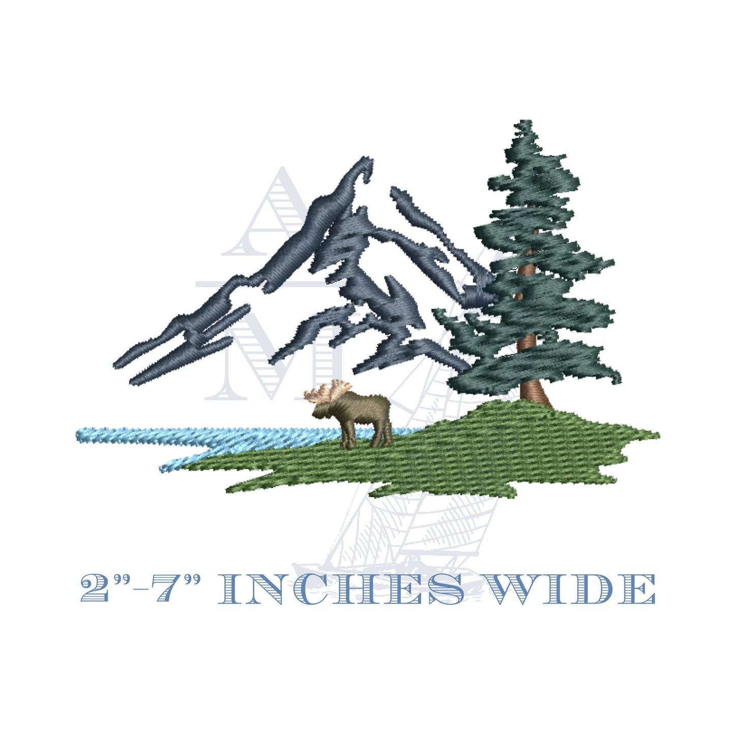 Mountain, Moose and Lake Embroidery Design File, for machine embroidery, 6 sizes to fit all kinds of projects, National Park inspired