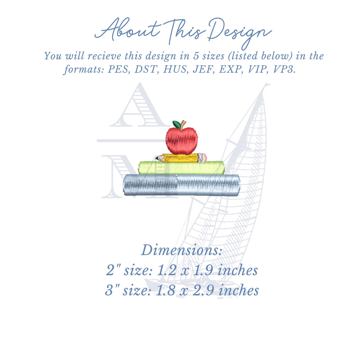 Back to School Mini Embroidery Design, Stack of Books, Apple and Pencil, 2" and 3" wide