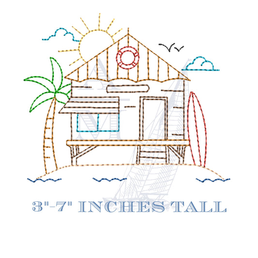 Summer Surfer Lifeguard Shack Embroidery Design with Palm Tree, Sun & Surfboard, 5 Sizes, for Machine Embroidery, Digital File