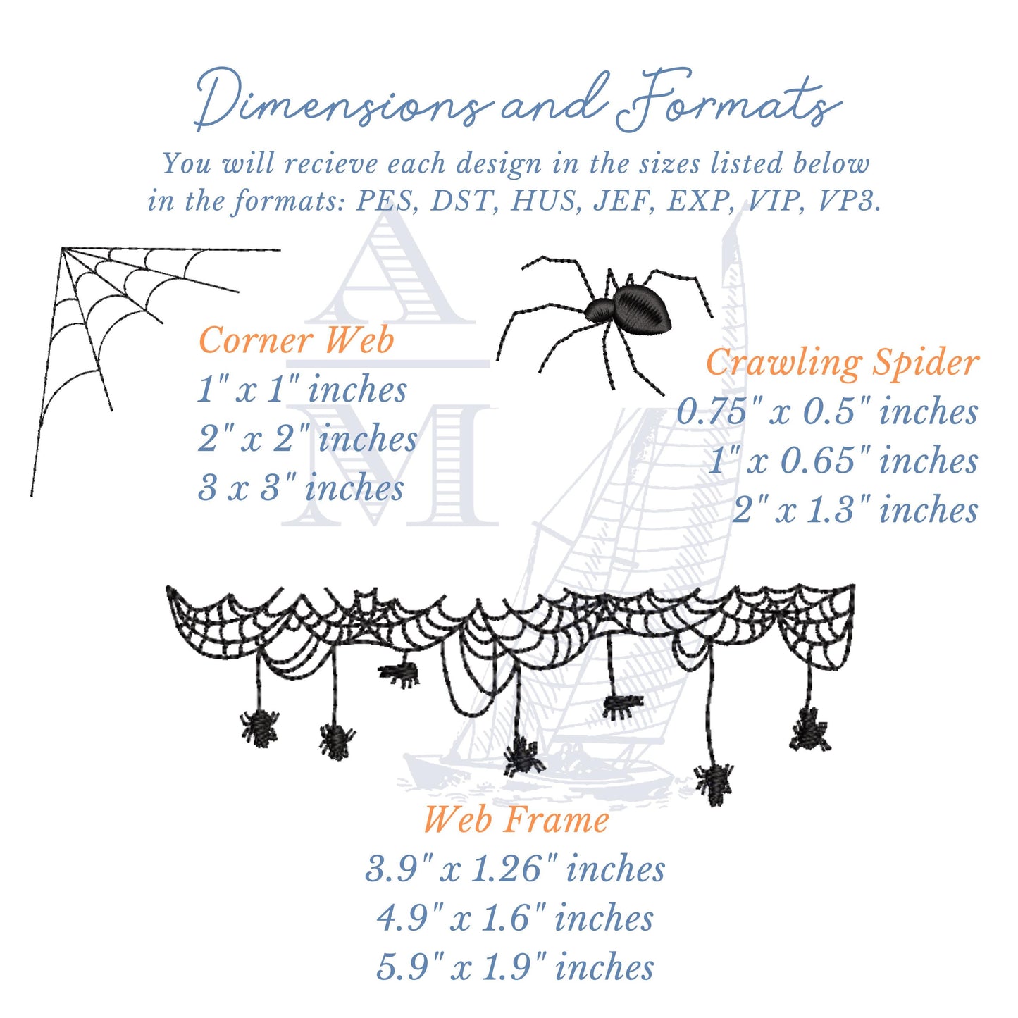 Halloween Spider Web Embroidery Design Set of 5 Add on Designs and 1 Frame, 3 sizes each