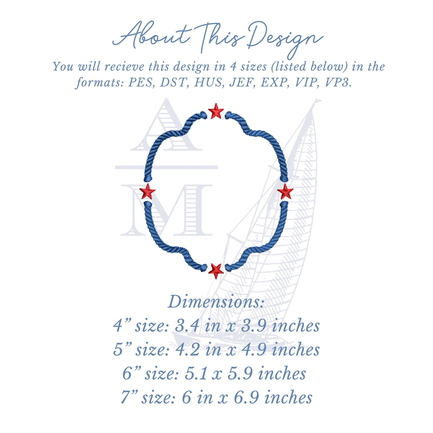 Patriotic Rope and Stars Monogram Frame Embroidery, Summer American, 5 Sizes,  Machine Embroidery Digital File