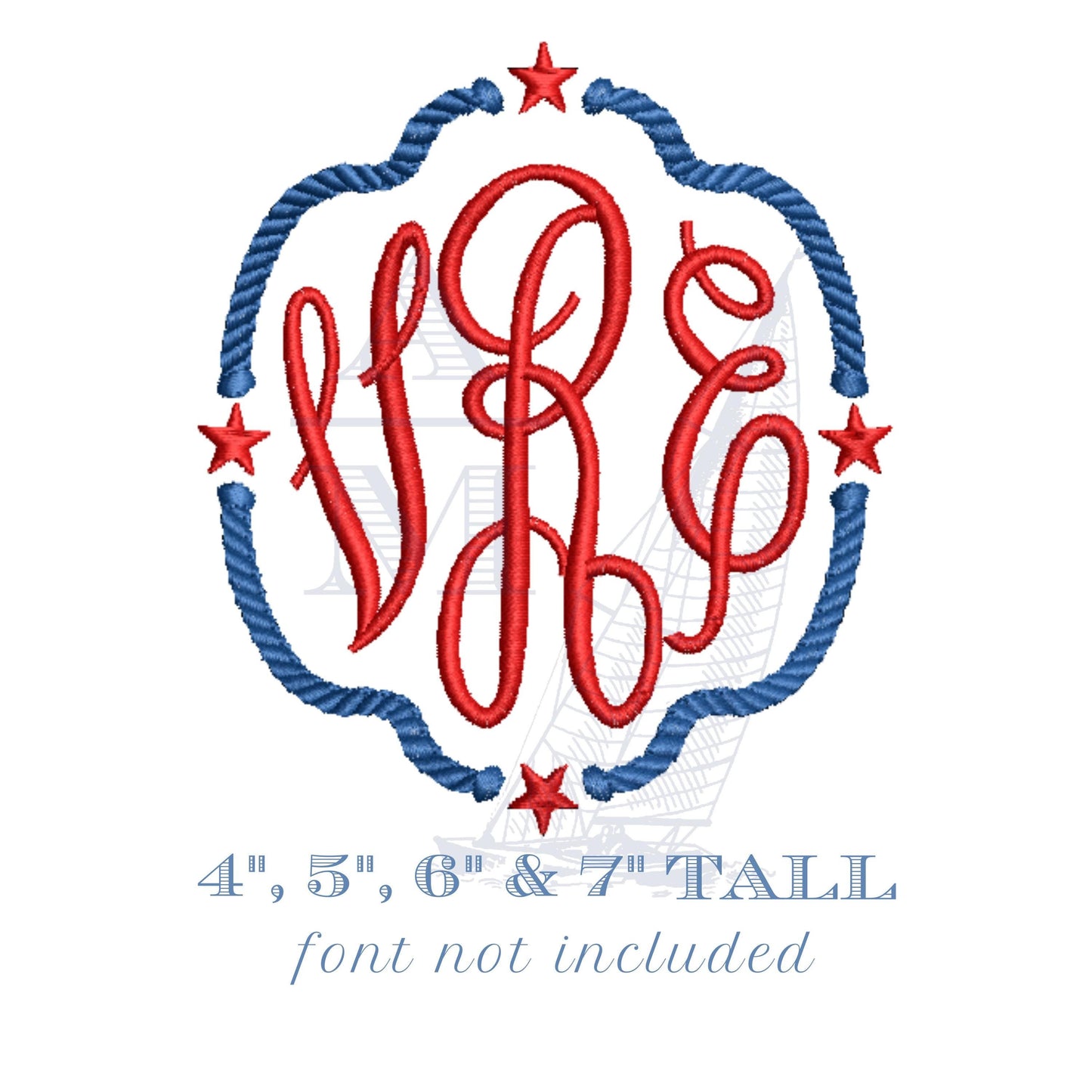 Patriotic Rope and Stars Monogram Frame Embroidery, Summer American, 5 Sizes,  Machine Embroidery Digital File