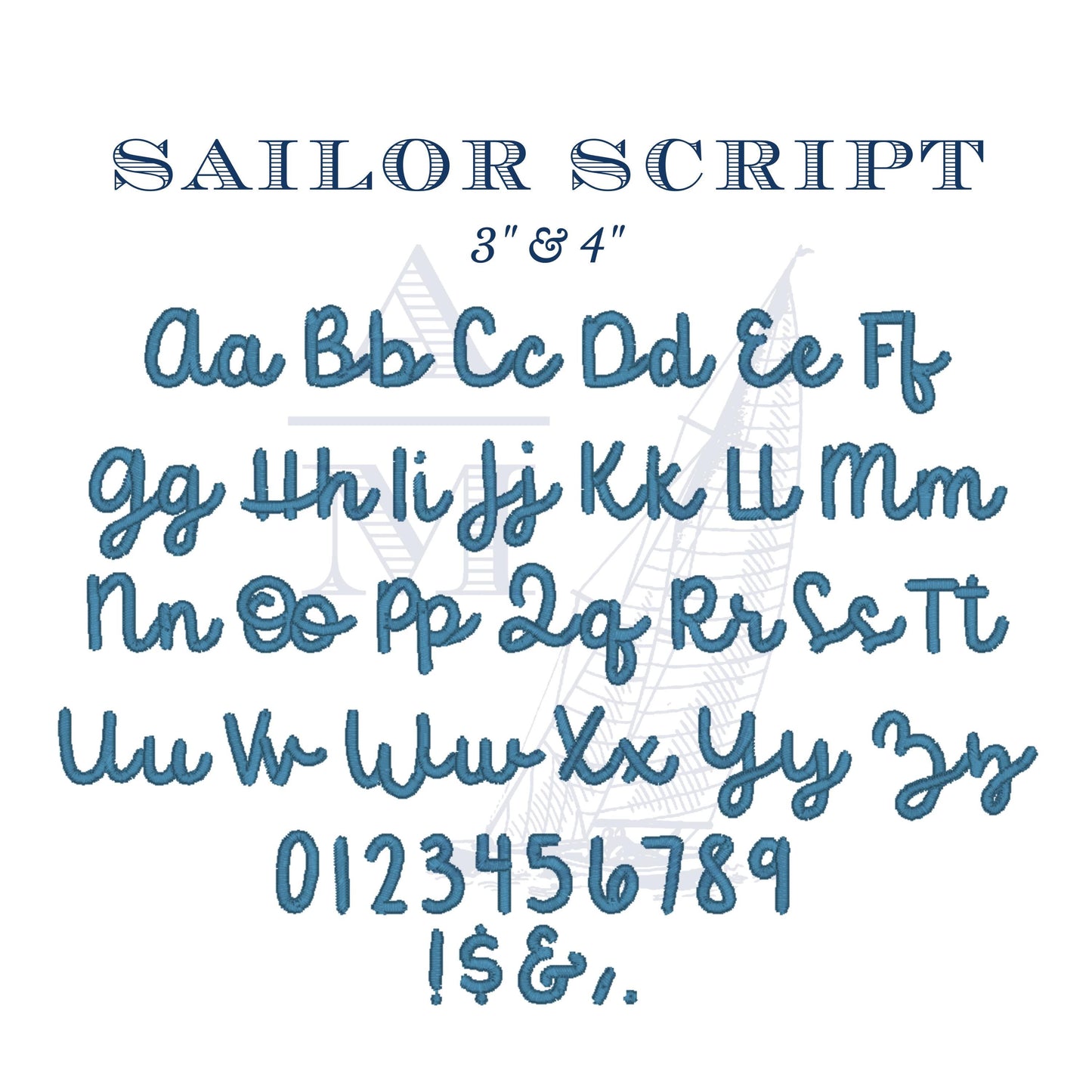 Script Satin Font for Machine Embroidery, Sailor Script by Annapolis Monograms, BX Included, Digital Download, 3 & 4 inch