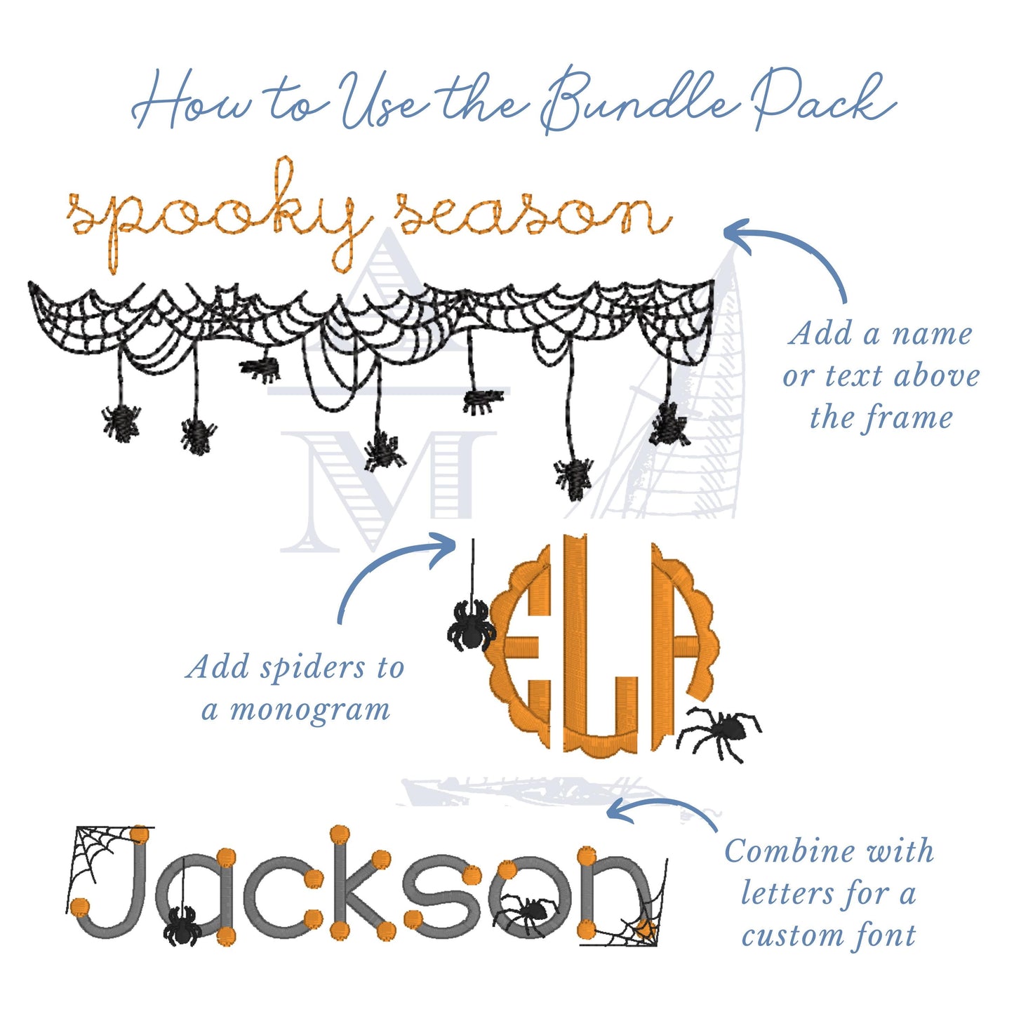 Halloween Spider Web Embroidery Design Set of 5 Add on Designs and 1 Frame, 3 sizes each