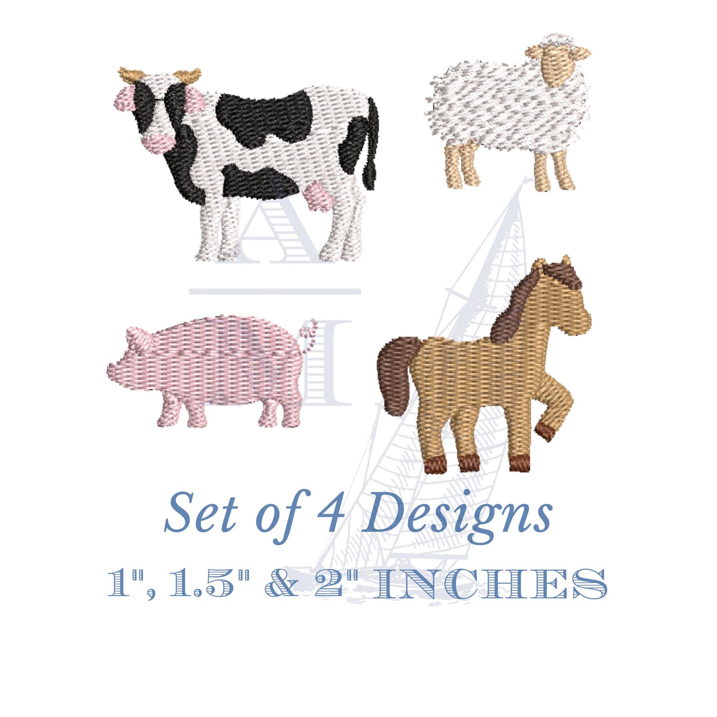 Mini Farm Animals Embroidery Design Set of 4 Motifs - Cow Pig Sheep Horse - Digital Files in 3 Sizes Each for Fun Fall Projects