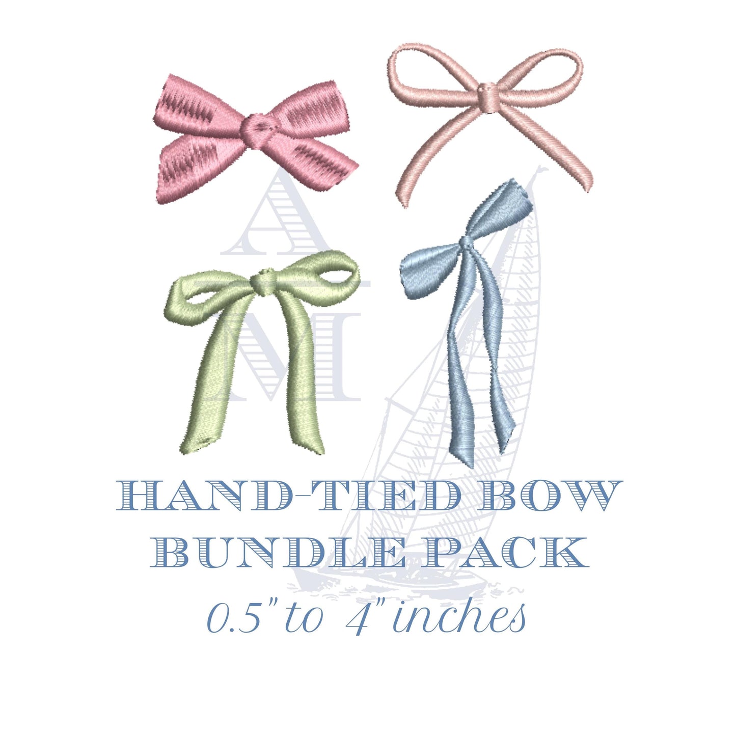 Hand Tied Bow Bundle Pack Embroidery Design, Set of 4 Bow Embroidery Files, 5 Sizes Each, Mini to Large Bows for Machine Embroidery