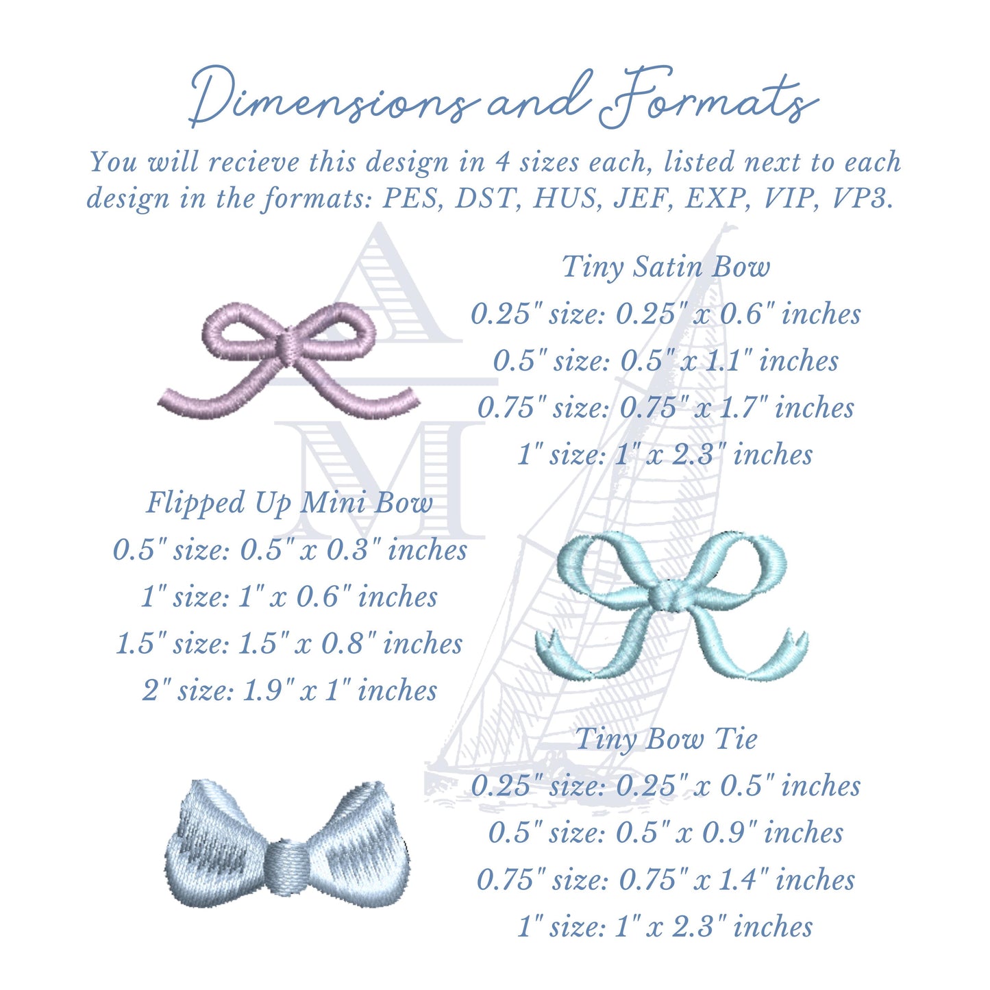 SET OF 3 Tiny Bow Embroidery Designs, Mini Satin Finish Bows and Bow Tie for Machine Embroidery