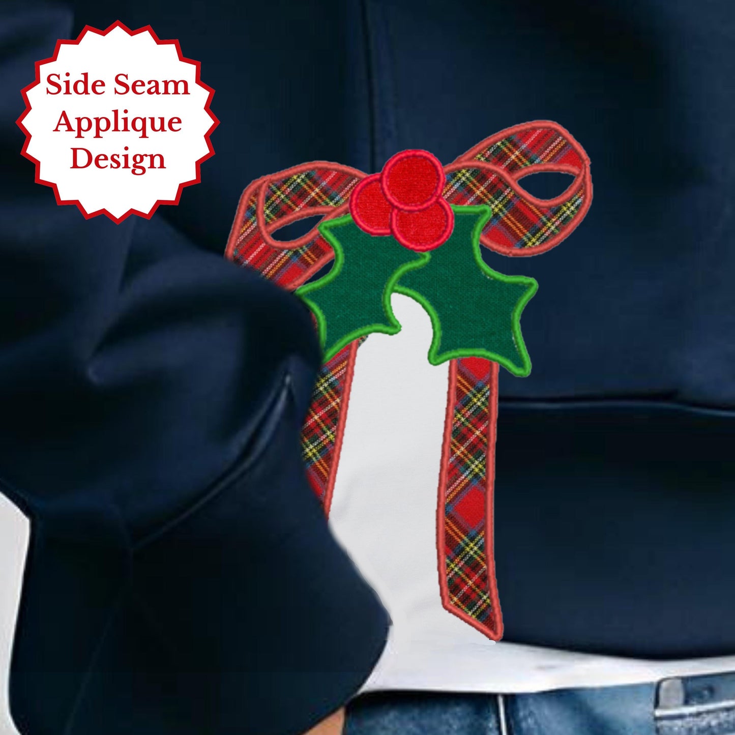 Christmas Holly Side Seam Bow Applique Embroidery Design, 5 Sizes, Great for Sweatshirts,  Machine Embroidery Digital File