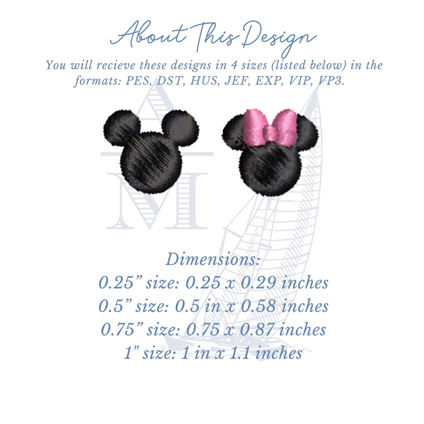Mouse Ears Embroidery Designs, Mickey and Minnie, Add to Monogram or Name, Add on Design, 4 Sizes