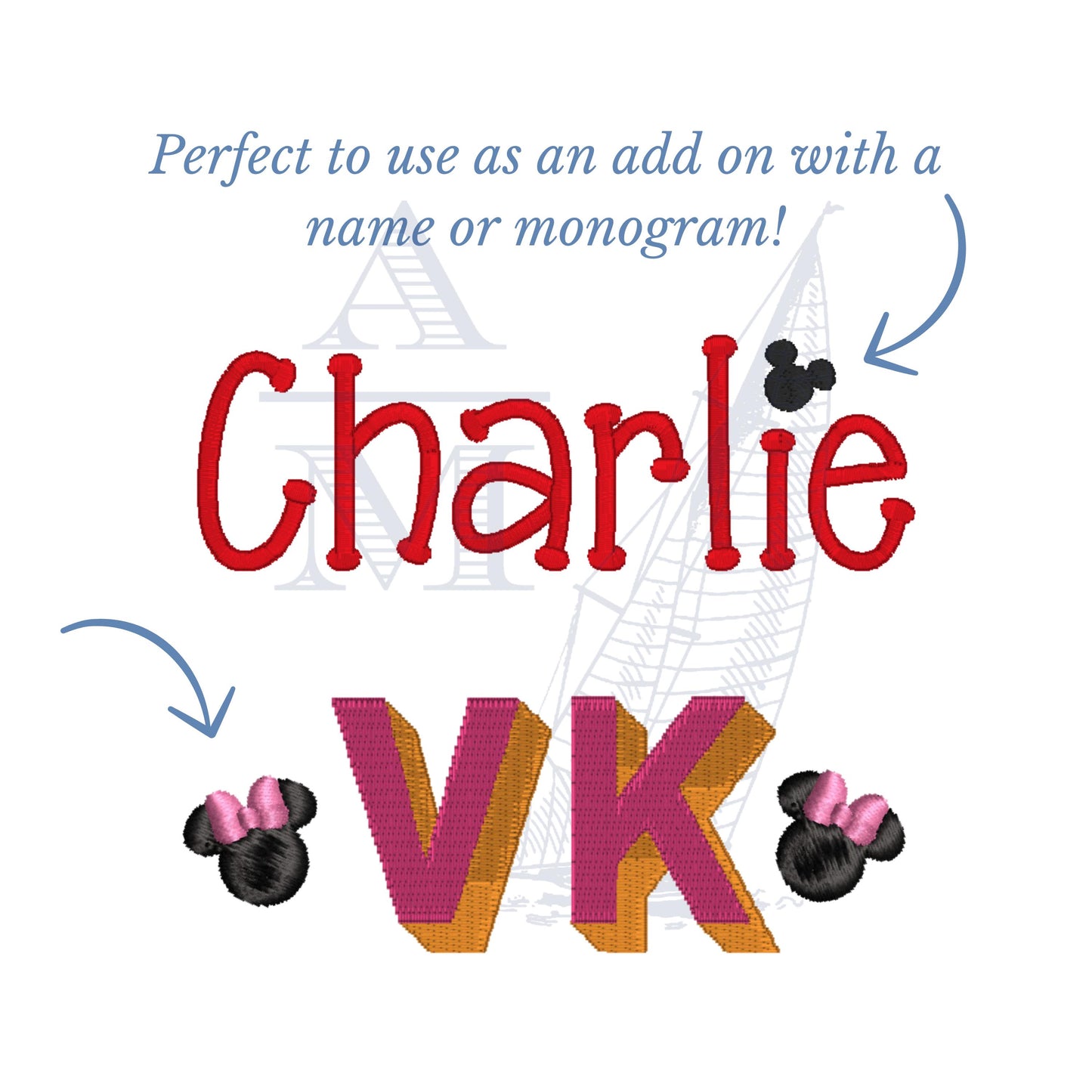 Mouse Ears Embroidery Designs, Mickey and Minnie, Add to Monogram or Name, Add on Design, 4 Sizes