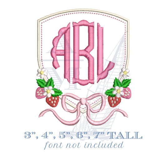 Strawberry Crest Monogram Frame Embroidery Design with Bow and Flowers, Girly Southern Frame, 5 Sizes