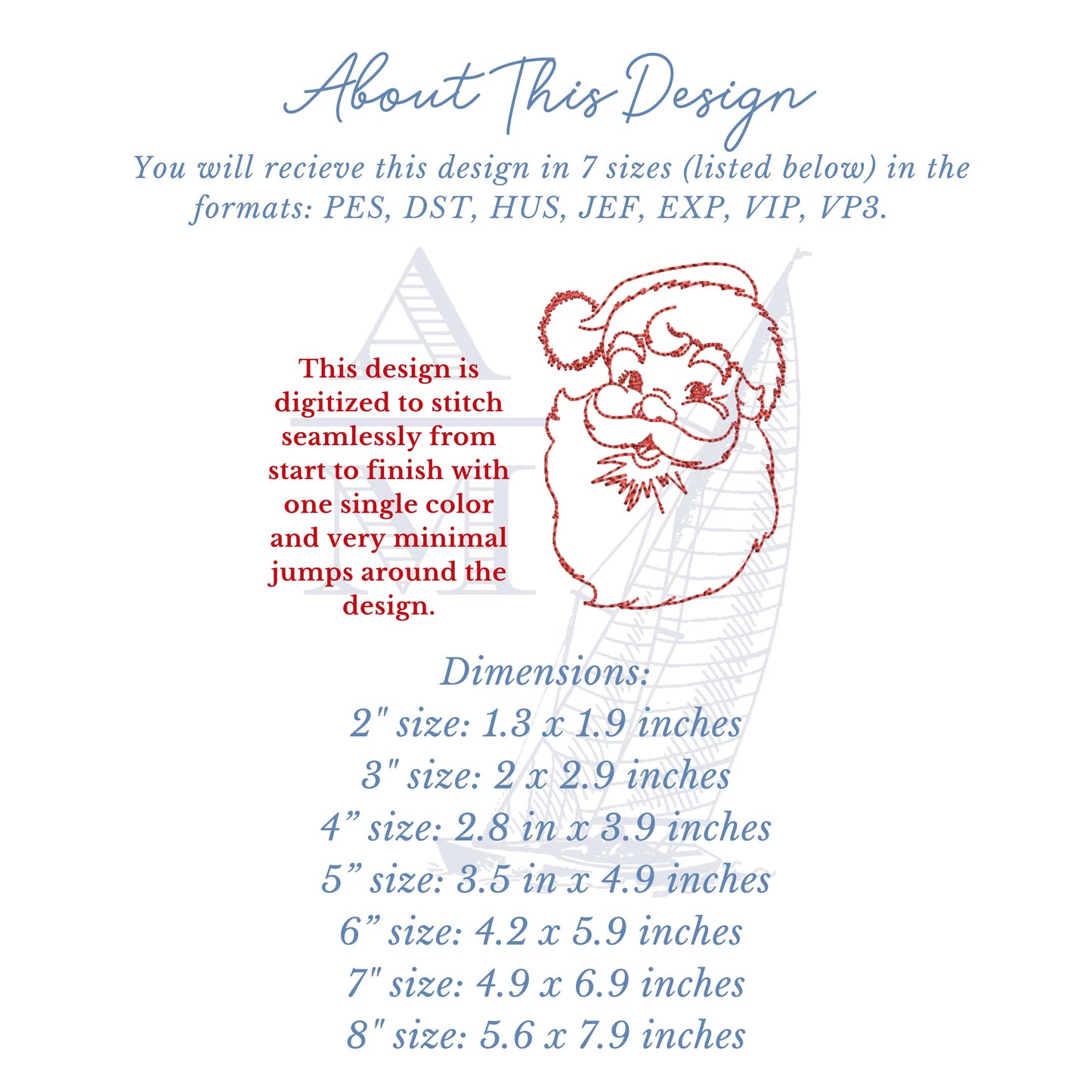 Vintage Santa Outline Embroidery Design, Single Thread Color Redwork Design, Quick Stitch Christmas Design, 7 Sizes