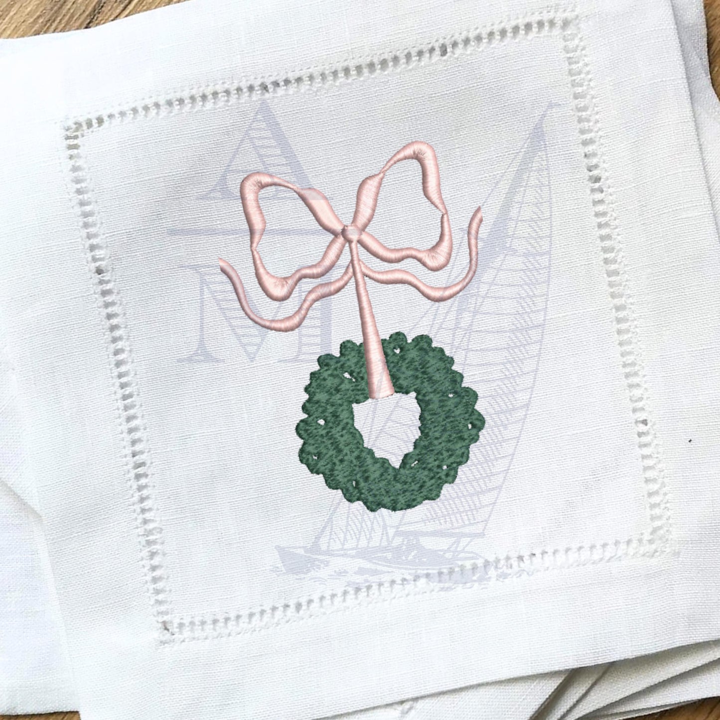 Christmas Wreath with Bow Embroidery Design, Grandmillennial Holiday Chinoiserie, 4 Sizes,  Machine Embroidery Digital File