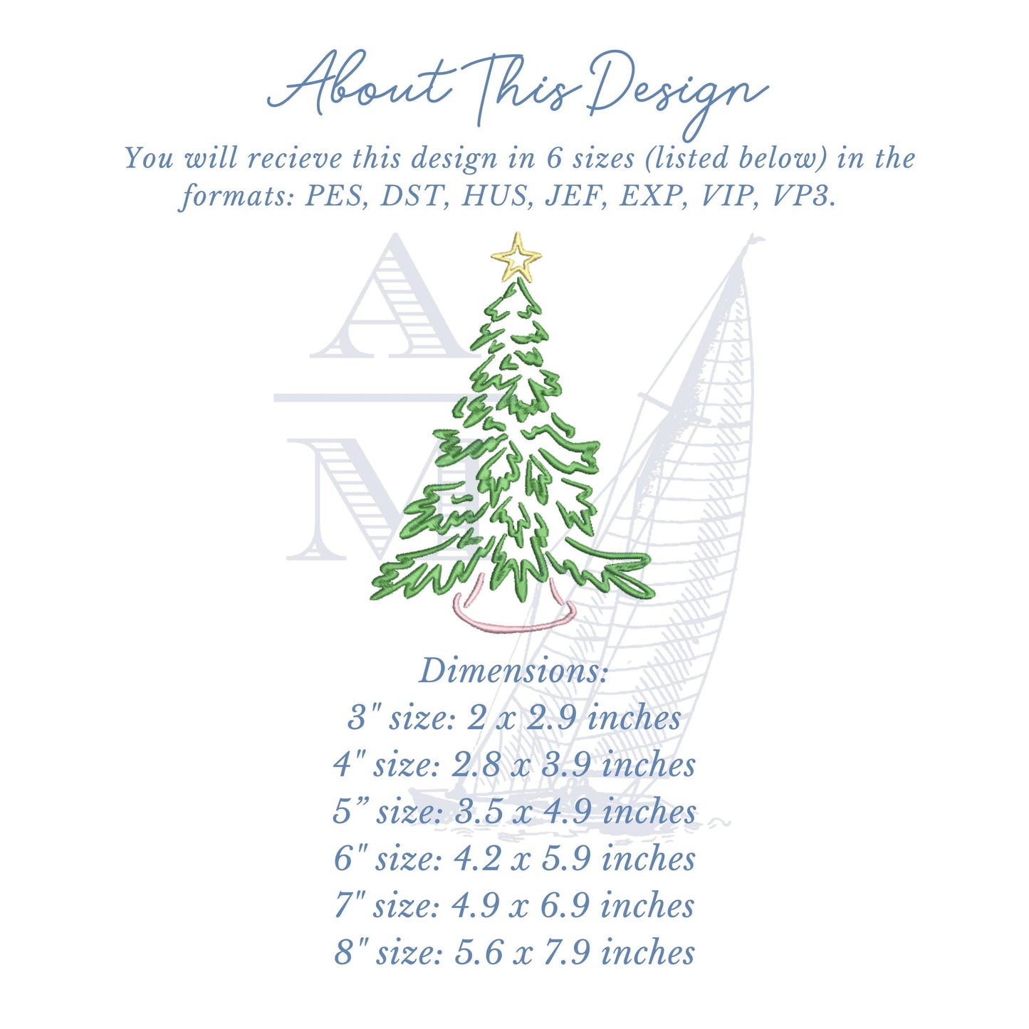 Modern Christmas Tree Embroidery Design, Hand Drawn Star, 8 Sizes,  Machine Embroidery Digital File