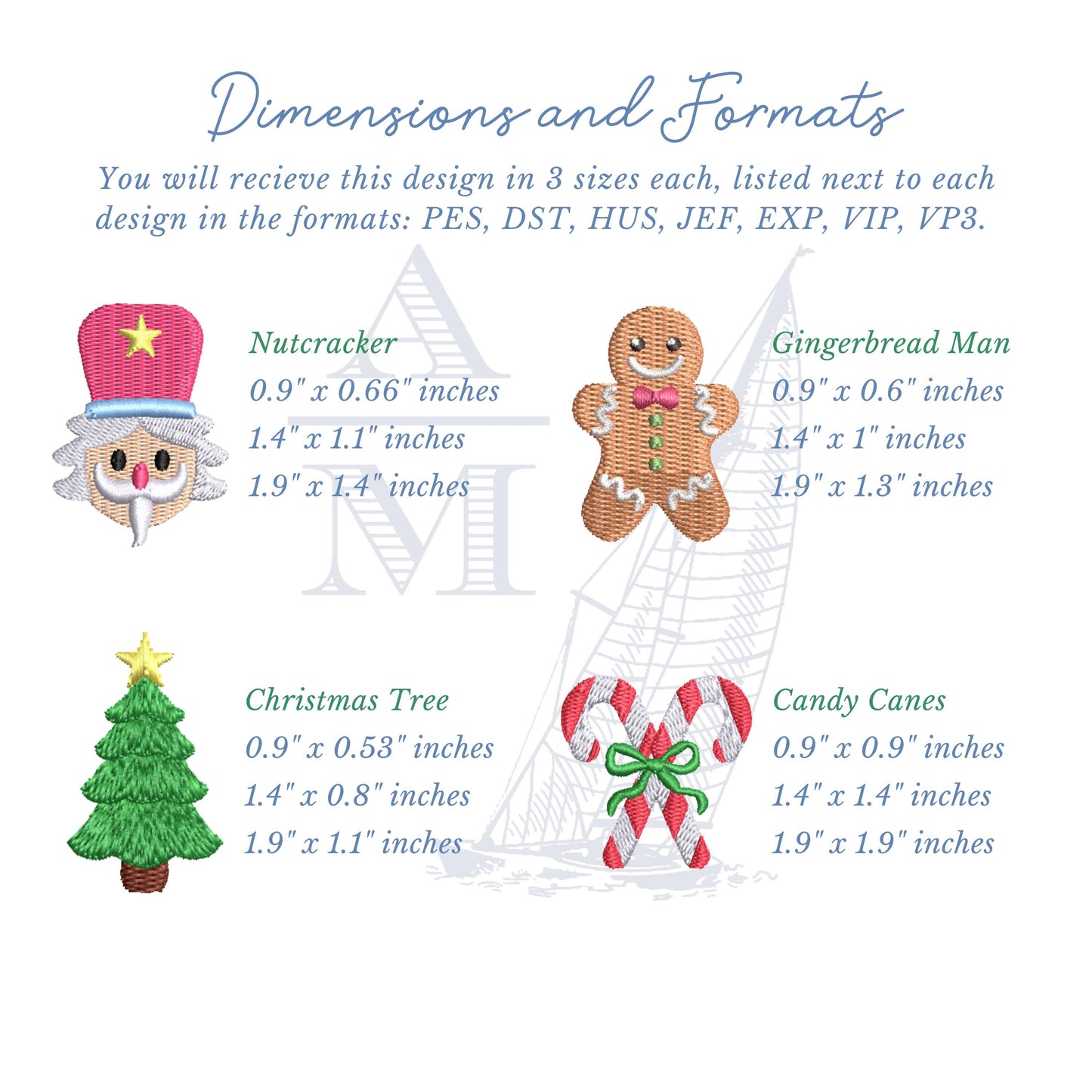 Christmas Kids Embroidery Design Set of 8, Holly, Nutcracker, Gingerbread Man, Elf, Candy Cane, 3 Sizes Each,  Digital Design Files