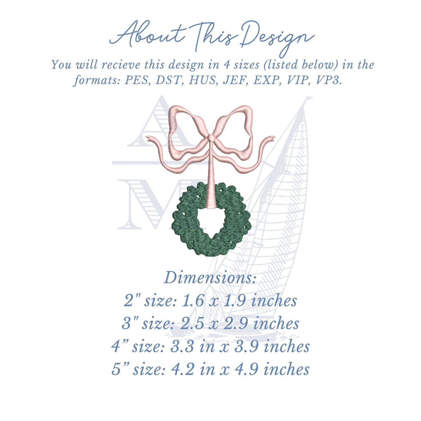 Christmas Wreath with Bow Embroidery Design, Grandmillennial Holiday Chinoiserie, 4 Sizes,  Machine Embroidery Digital File